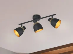 LED Deckenstrahler 3-flammig Schwarz Gold mit Drahtgeflecht, Breite 45cm