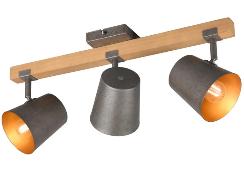 LED Deckenstrahler 3-flammig Silber antik & Gold mit Holz, Breite 54cm