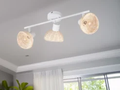 LED Deckenstrahler 3-flammig Weiß, Lampenschirme Rattan, Breite 59cm