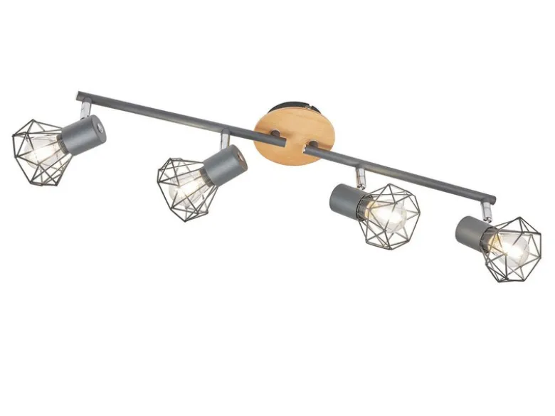LED Deckenstrahler Grau / Holz 4-flammig, Gitterlampe schwenkbar, Breite 60cm