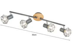 LED Deckenstrahler Grau / Holz 4-flammig, Gitterlampe schwenkbar, Breite 60cm