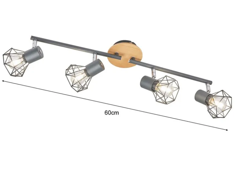 LED Deckenstrahler Grau / Holz 4-flammig, Gitterlampe schwenkbar, Breite 60cm