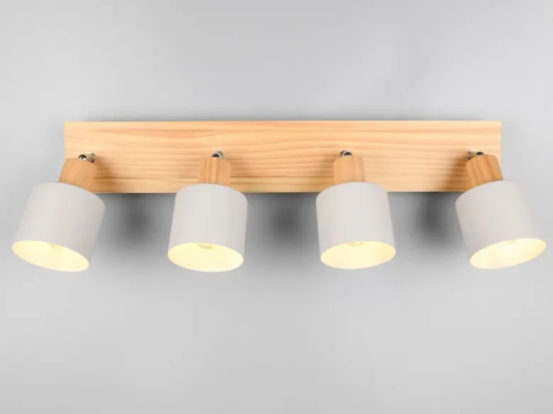 LED Deckenstrahler Hellgrau mit Holz 4-flammig, Breite 60cm