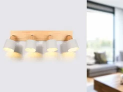 LED Deckenstrahler Hellgrau mit Holz 4-flammig, Breite 60cm