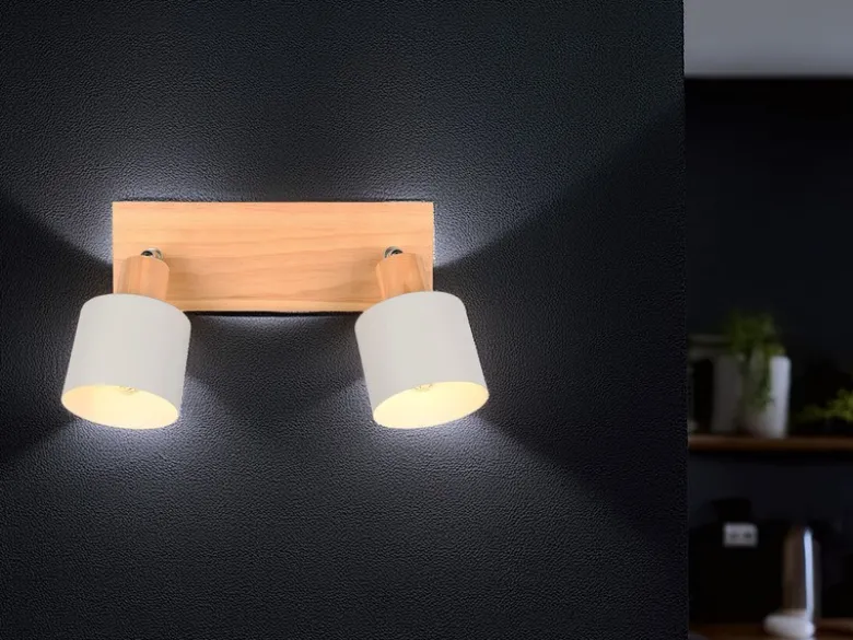 LED Deckenstrahler Hellgrau mit Holz 2-flammig, Breite 30cm