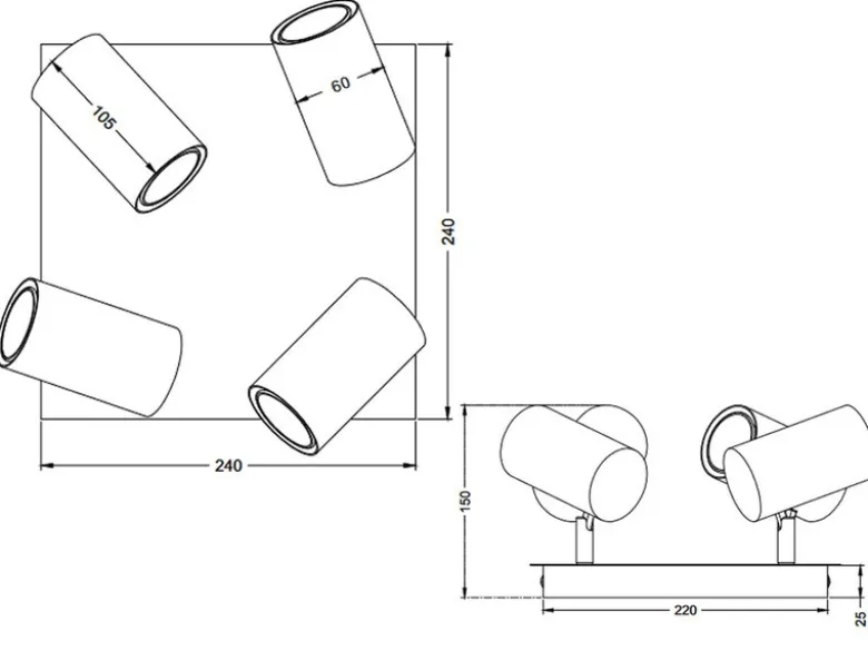 LED Deckenstrahler Metall Coffee / Hellgrau 4-flammig, Quadrat 24cm