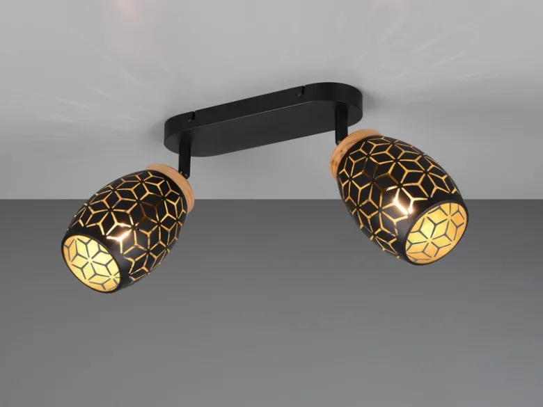 LED Deckenstrahler Schwarz Gold 2-flammig mit Stanzmuster, Breite 28cm