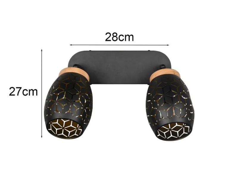 LED Deckenstrahler Schwarz Gold 2-flammig mit Stanzmuster, Breite 28cm