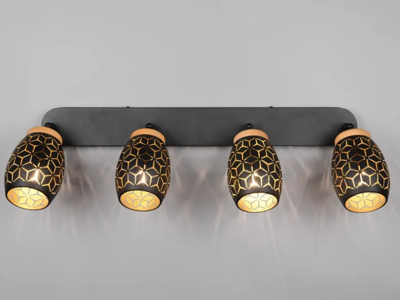 LED Deckenstrahler Schwarz Gold 4-flammig mit Stanzmuster, Breite 74cm