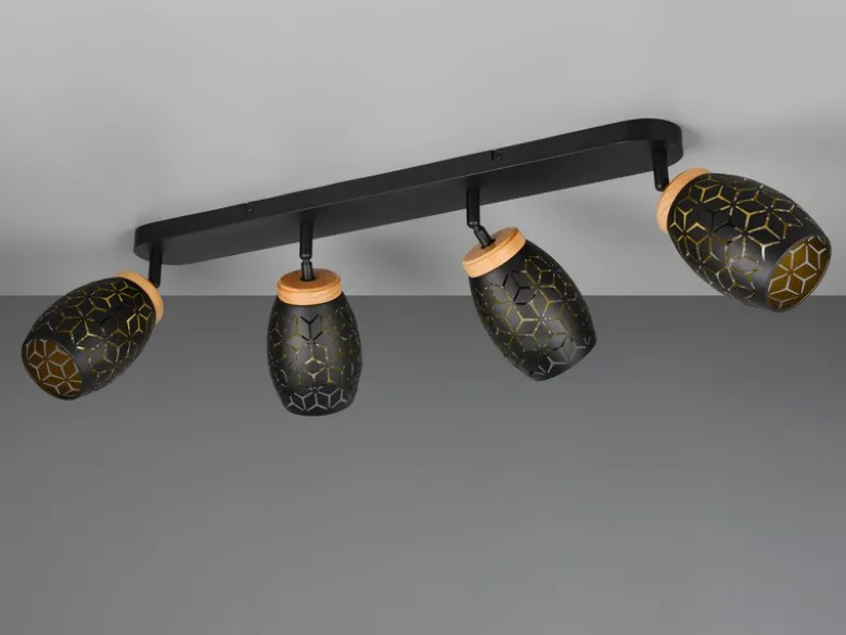 LED Deckenstrahler Schwarz Gold 4-flammig mit Stanzmuster, Breite 74cm