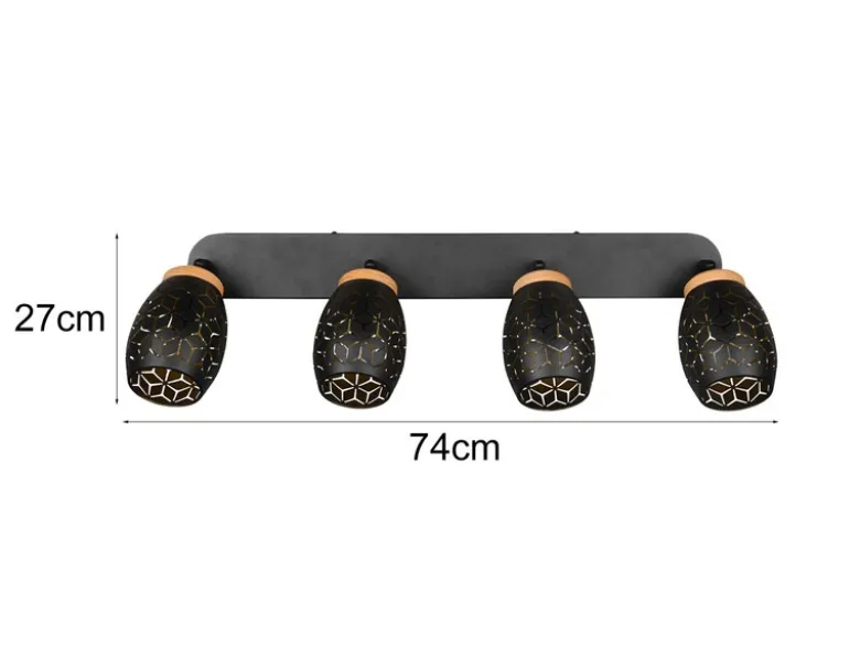 LED Deckenstrahler Schwarz Gold 4-flammig mit Stanzmuster, Breite 74cm