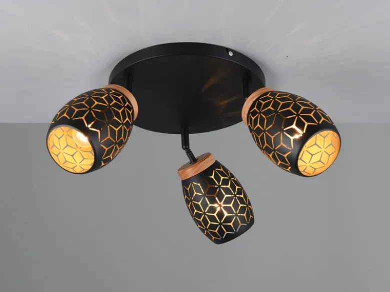 LED Deckenstrahler Schwarz Gold 3-flammig mit Stanzmuster, Ø58cm