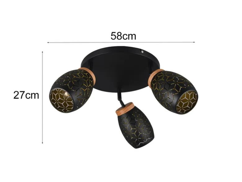 LED Deckenstrahler Schwarz Gold 3-flammig mit Stanzmuster, Ø58cm