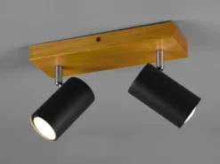 LED Deckenstrahler Schwarz mit Holz 2-flammig, Breite 26cm