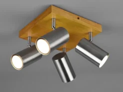 LED Deckenstrahler Silber mit Holz 4-flammig, Quadrat 22cm