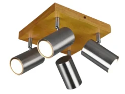 LED Deckenstrahler Silber mit Holz 4-flammig, Quadrat 22cm