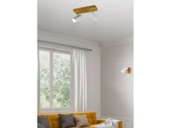 LED Deckenstrahler Weiß mit Holz 2-flammig, Breite 26cm