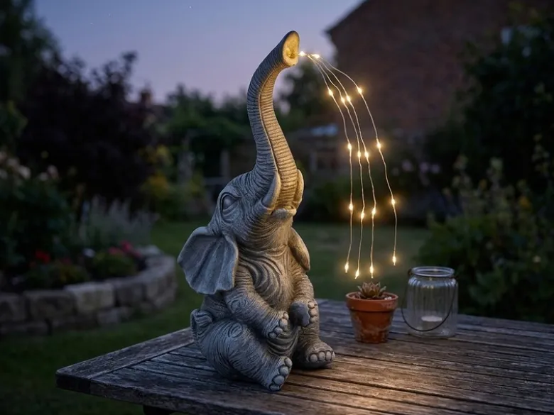 LED Deko Solarleuchte Elefantenlampe aus Kunststoff Grau, Höhe 32,5cm