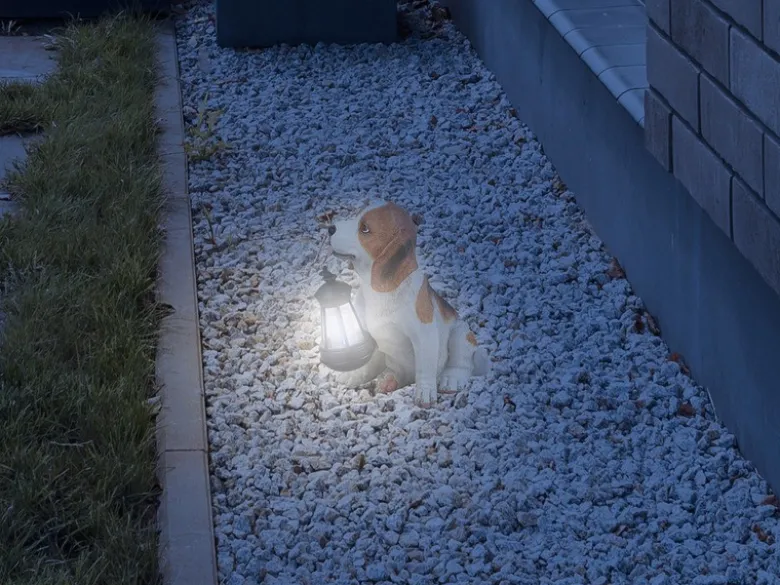 LED Deko Solarleuchte Hundelampe Beagle mit Laterne in Braun-Weiß, Höhe 26cm