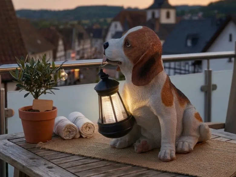LED Deko Solarleuchte Hundelampe Beagle mit Laterne in Braun-Weiß, Höhe 26cm
