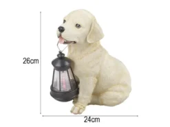 LED Deko Solarleuchte Hundelampe Welpe mit Laterne in Beige-Weiß, Höhe 26cm