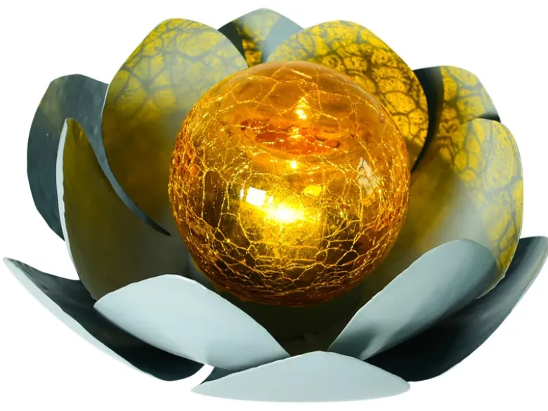 LED Deko Solarleuchte Seerose mit Cracklekugel, Grau Ø25cm