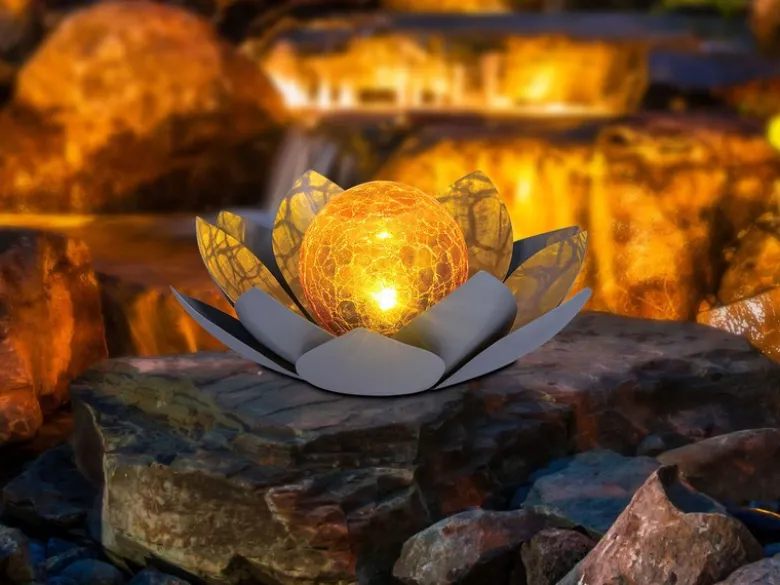 LED Deko Solarleuchte Seerose mit Cracklekugel, Grau Ø25cm