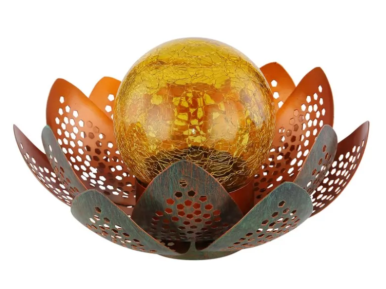LED Deko Solarleuchte Seerose mit Crackleglas Kugel, Grün-Gold, Ø22cm