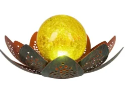 LED Deko Solarleuchte Seerose mit Crackleglas Kugel, Grün-Gold, Ø22cm