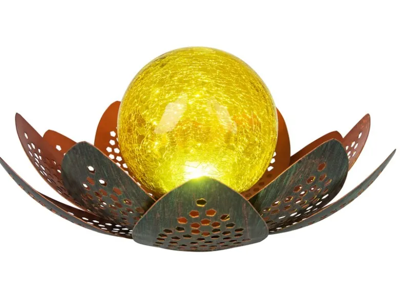 LED Deko Solarleuchte Seerose mit Crackleglas Kugel, Grün-Gold, Ø22cm