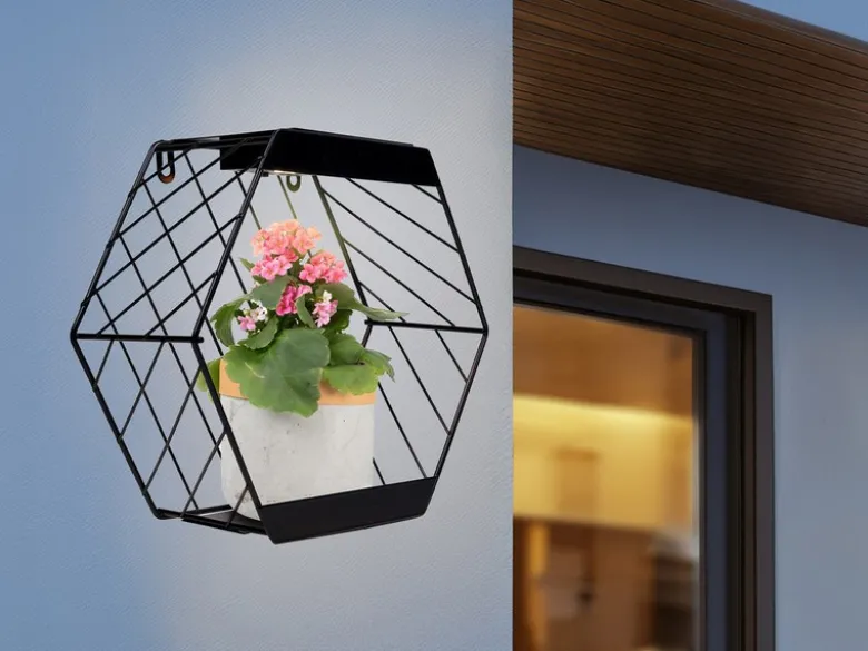 LED Deko Solar Wandleuchte für Pflanzen aus Stahl Gitter in Schwarz, Höhe 25,5cm