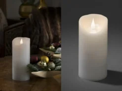 LED Echtwachskerze mit Flamme & Timer, Ø 7,5cm, Höhe 17,5cm, Batteriebetrieb