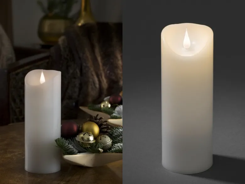 LED Echtwachskerze mit Flamme & Timer, Ø 7,5cm, Höhe 20,5cm, Batteriebetrieb
