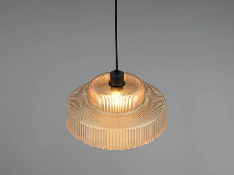 LED Hängelampe einflammig, Glas Amber / Metall Schwarz, Ø 35cm
