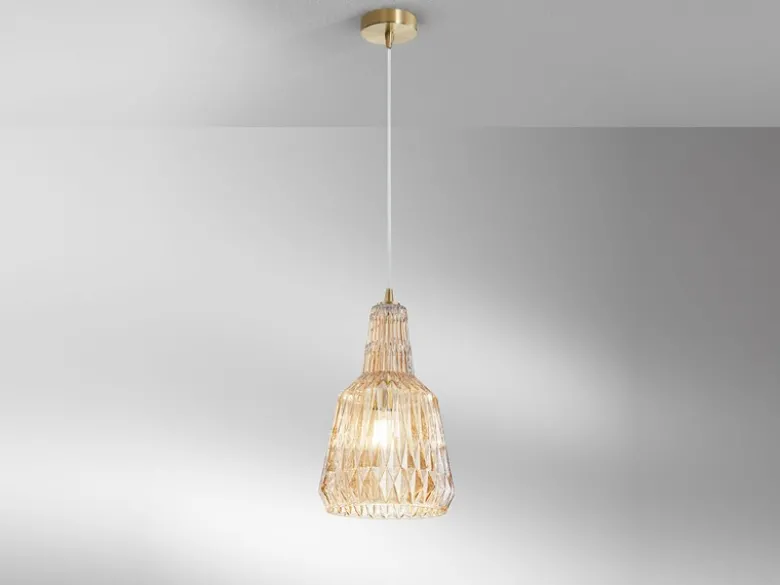 LED Hängelampe einflammig, Kristallglas Amber facettiert, Ø 23cm