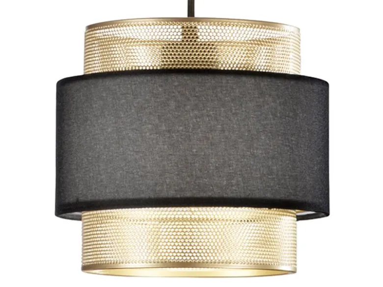 LED Hängelampe einflammig, Metall Gold mit Stoffblende Schwarz, Ø 21cm