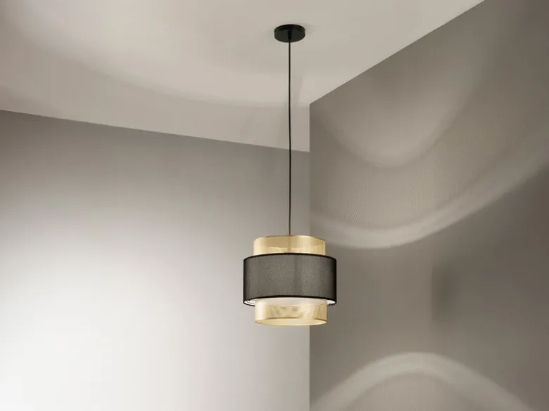 LED Hängelampe einflammig, Metall Gold mit Stoffblende Schwarz, Ø 35cm