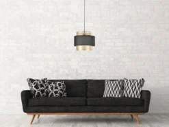 LED Hängelampe einflammig, Metall Gold mit Stoffblende Schwarz, Ø 35cm