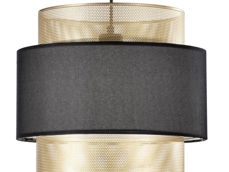 LED Hängelampe einflammig, Metall Gold mit Stoffblende Schwarz, Ø 35cm