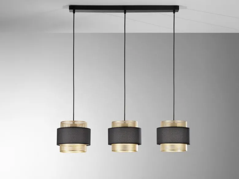 LED Hängelampe 3-flammig, Metall Gold mit Stoffblende Schwarz, Breite 85cm