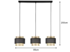 LED Hängelampe 3-flammig, Metall Gold mit Stoffblende Schwarz, Breite 85cm