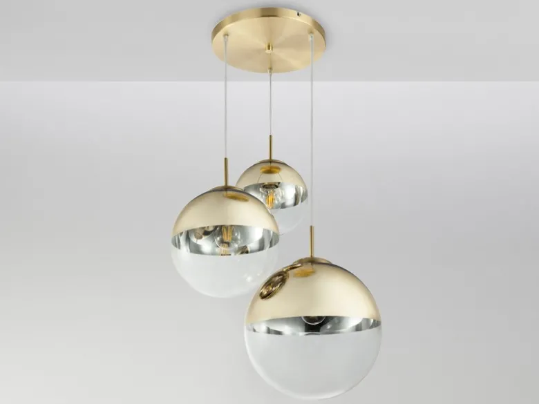 LED Hängelampe 3-flammig mit Glaskugeln in Gold & Klarglas