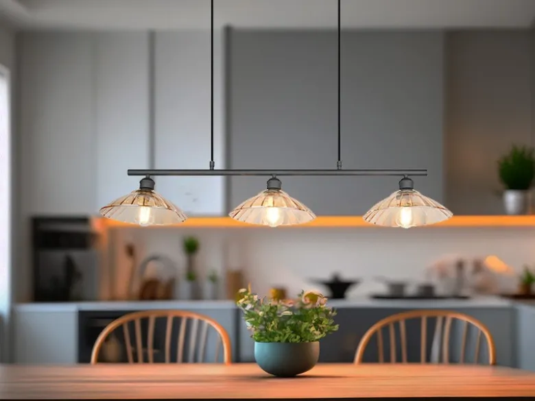 LED Hängelampe 3-flammig Schwarz, Glasschirme Amber, Breite 100cm