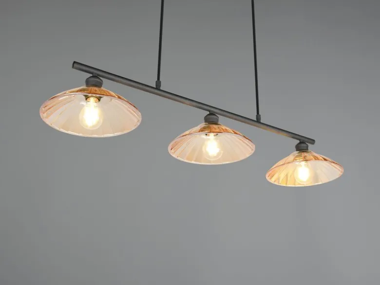 LED Hängelampe 3-flammig Schwarz, Glasschirme Amber, Breite 100cm