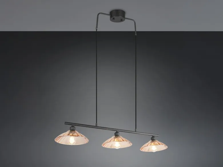 LED Hängelampe 3-flammig Schwarz, Glasschirme Amber, Breite 100cm