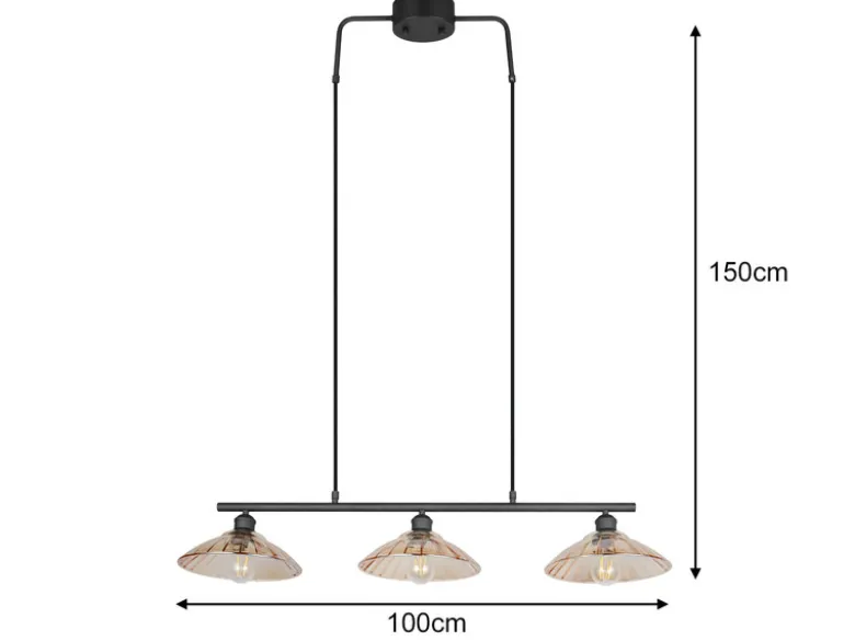 LED Hängelampe 3-flammig Schwarz, Glasschirme Amber, Breite 100cm
