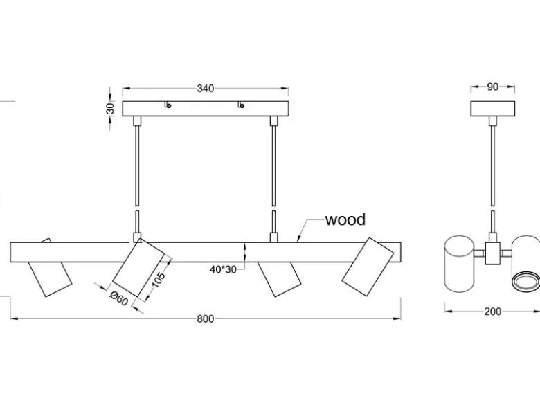 LED Holzbalken Pendelleuchte 4-flammig Schwarz, Breite 80cm