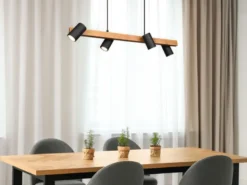 LED Holzbalken Pendelleuchte 4-flammig Schwarz, Breite 80cm