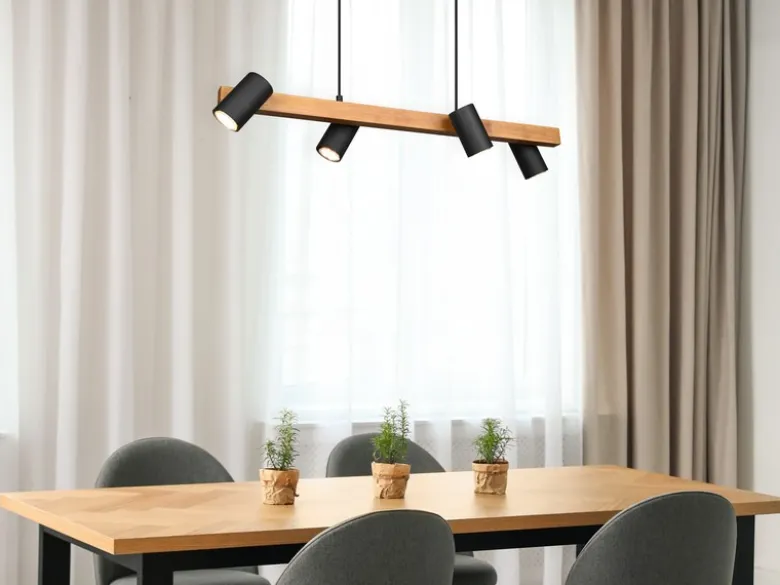 LED Holzbalken Pendelleuchte 4-flammig Schwarz, Breite 80cm