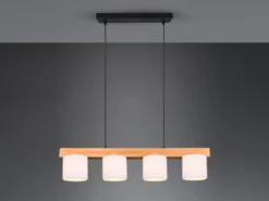 LED Holzbalken Pendelleuchte 4-flammig, Stoff Lampenschirme Weiß, B: 75cm